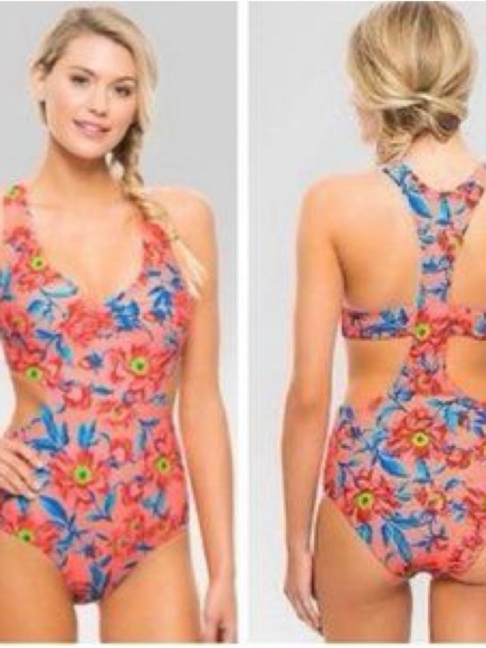 Tori Praver Coral Floral Racerback One-Piece with Blue Accents